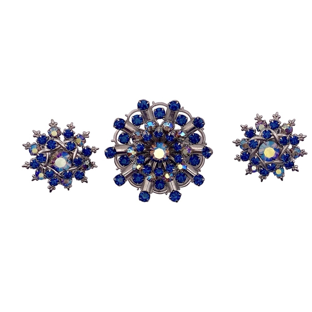 Vintage Blue Aurora Borealis and Silver Tone Brooch and Clip On Earrings